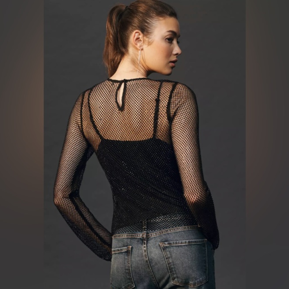 Anthropologie Long-Sleeve Beaded Mesh Top (XXS) - Picture 2 of 6